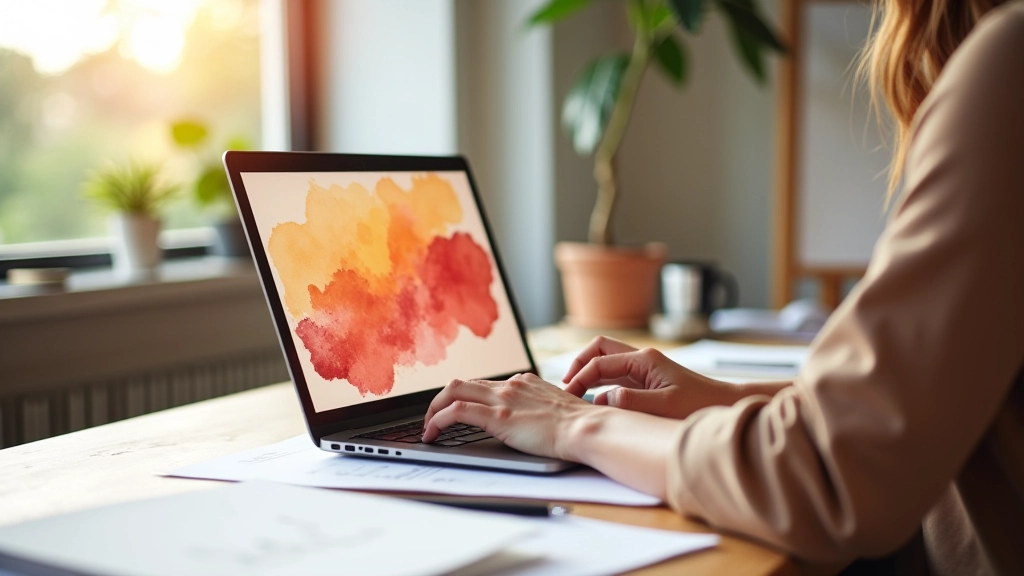 Designer arbeitet an Farbpaletten-Mockup mit warmen Tönen auf dem Bildschirm