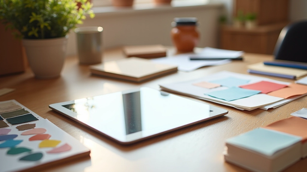Designer-Arbeitsbereich mit Tablet, Papierproben und Farbmustern für organisches Webdesign