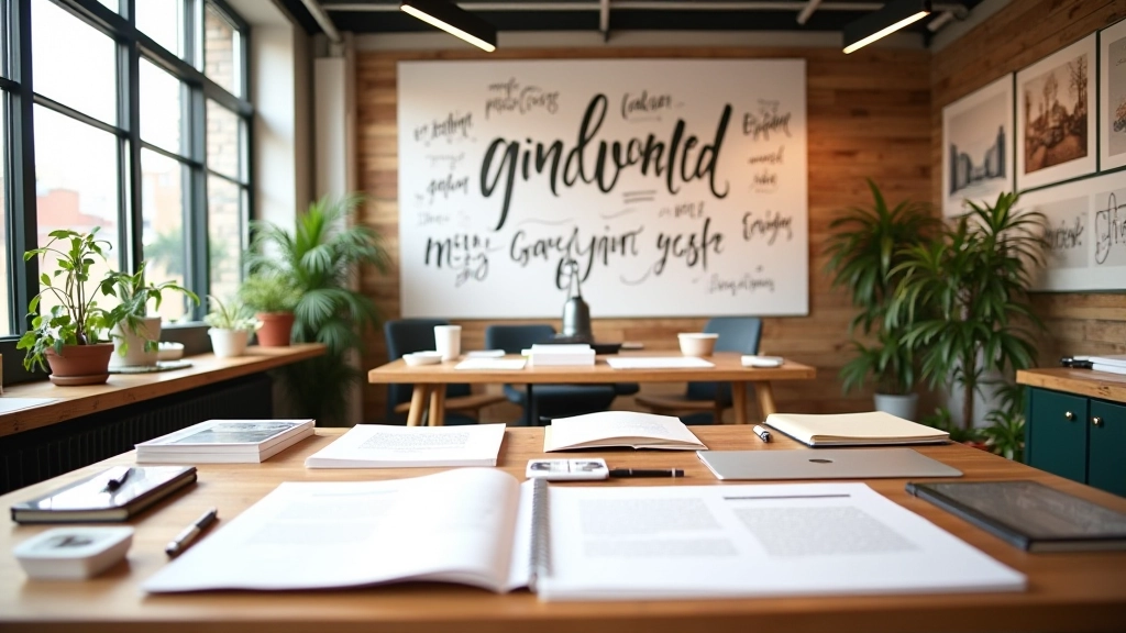 Modernes Design-Studio mit handschriftlichen Schriftelementen und organischen Texturen auf dem Arbeitsbereich